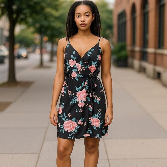 Forever 21 Womens Dress Size 1X Spaghetti Strap‎ Black Floral Wrap Style - Picture 2 of 6